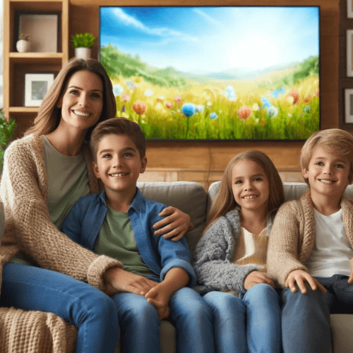 Uma Família Feliz Sentada No Sofá Assistindo Tv Em Uma Sala De Estar Moderna, Aproveitando Seu Tempo Com Sorrisos Nos Rostos.