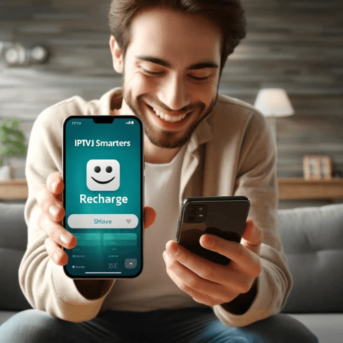 Uma Pessoa Sorrindo Enquanto Usa O Aplicativo Iptv Smarters Para Recarregar Em Um Smartphone. A Tela Do Smartphone Exibe A Interface Do Iptv Smarters Claramente.