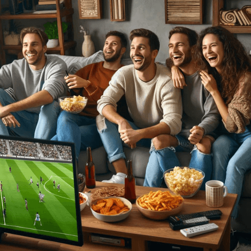 Um Grupo De Amigos Sentados Juntos No Sofá, Rindo E Aproveitando Um Jogo De Esportes Ao Vivo Na Tv Usando Iptv Smarters.