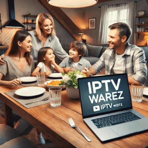 Uma Família Sentada Ao Redor De Uma Mesa De Jantar, Com Um Laptop Aberto Transmitindo Iptv Warez.